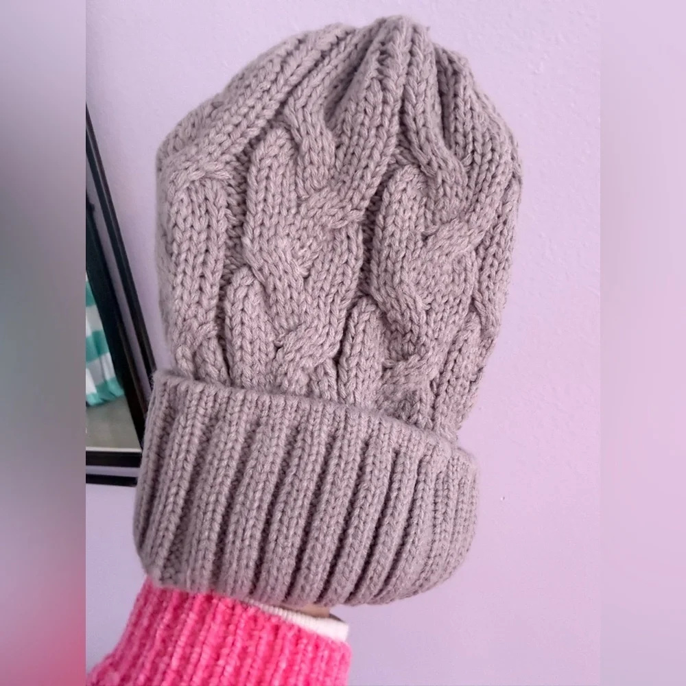 Beanie in Light Pink Piozaed  Women's Knit Toboggan Gray Winter Out Fit